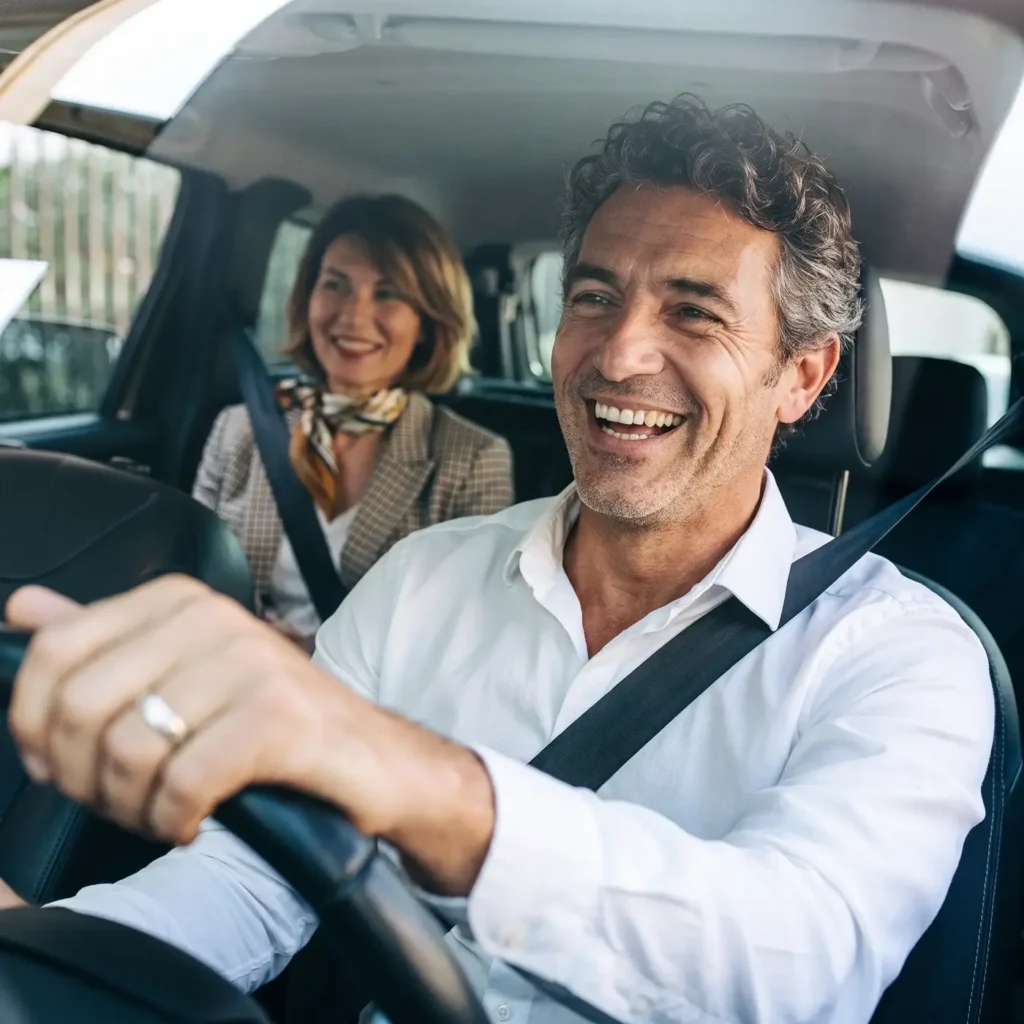 Chauffeur professionnel souriant au volant