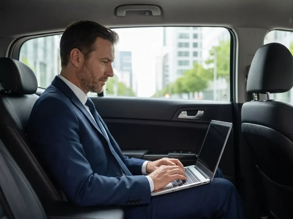 Passager travaillant à l'arrière d'un véhicule avec chauffeur